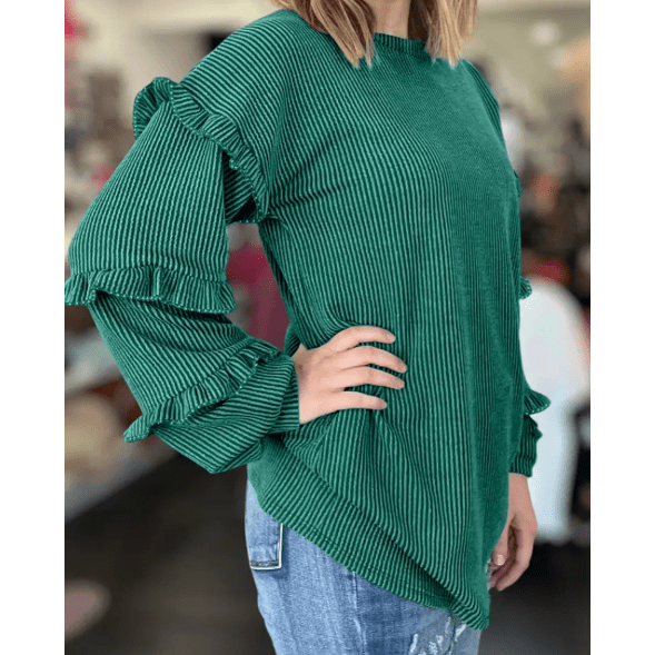 Destiny Evergreen Twisted Ribbed Tiered Ruffles Long Sleeve Pullover Top
