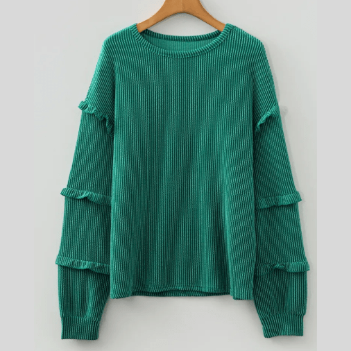 Destiny Evergreen Twisted Ribbed Tiered Ruffles Long Sleeve Pullover Top