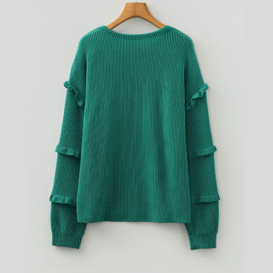 Destiny Evergreen Twisted Ribbed Tiered Ruffles Long Sleeve Pullover Top