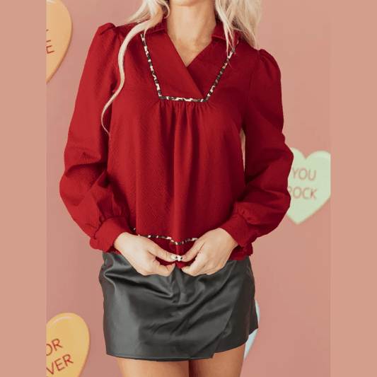 Annique Fiery Red Collar V Neck Leopard Contrasted Trim Textured Blouse