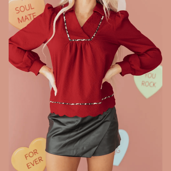 Annique Fiery Red Collar V Neck Leopard Contrasted Trim Textured Blouse