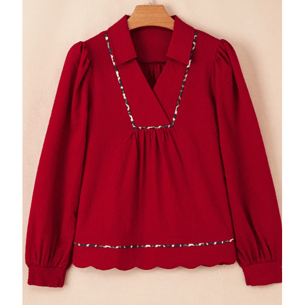 Annique Fiery Red Collar V Neck Leopard Contrasted Trim Textured Blouse