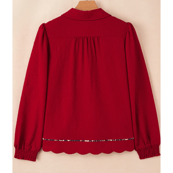 Annique Fiery Red Collar V Neck Leopard Contrasted Trim Textured Blouse