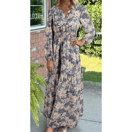 Nixie Floral Print Smocked High Waist Long Sleeve Maxi Dress