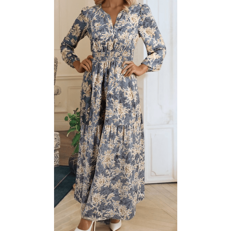 Nixie Floral Print Smocked High Waist Long Sleeve Maxi Dress