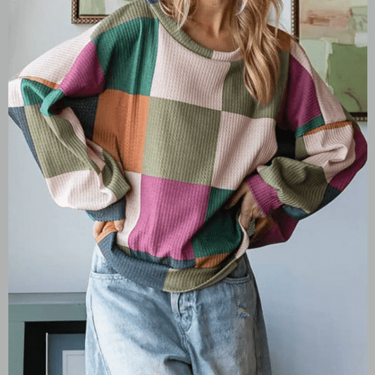 Livvie Green Checkered Print Textured Knit Long Sleeve Loose Top