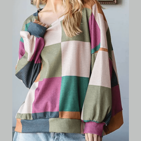 Livvie Green Checkered Print Textured Knit Long Sleeve Loose Top