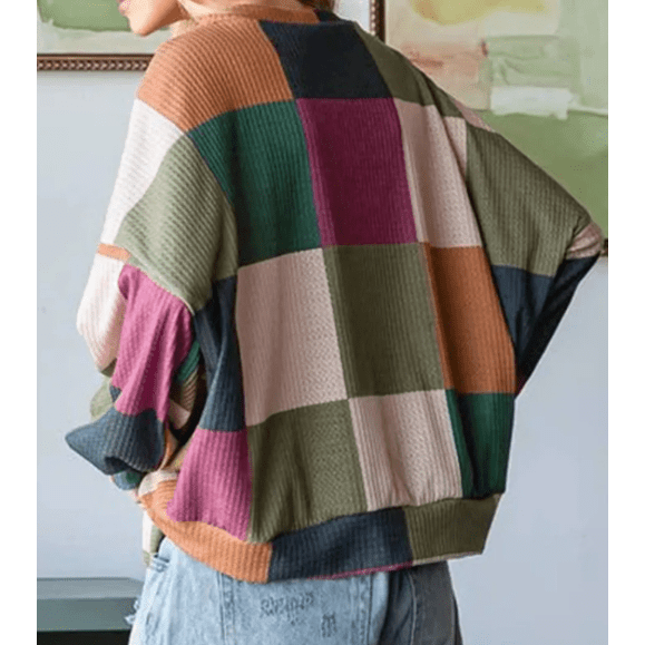 Livvie Green Checkered Print Textured Knit Long Sleeve Loose Top