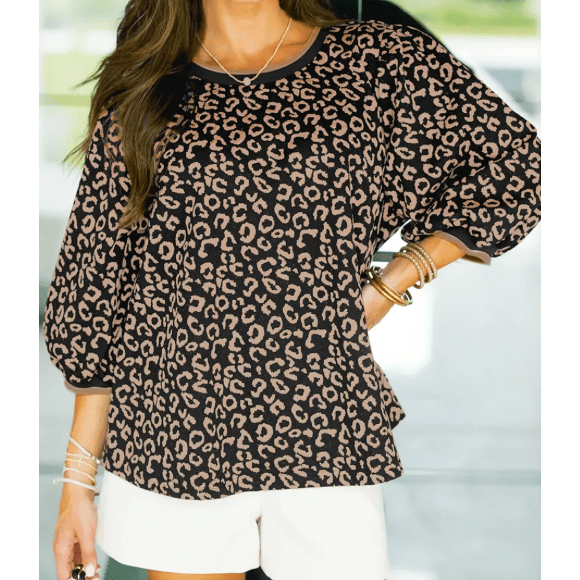 Elizabeth Black Leopard Print Puffy Bracelet Sleeve Contrast Trim Round Neck Top