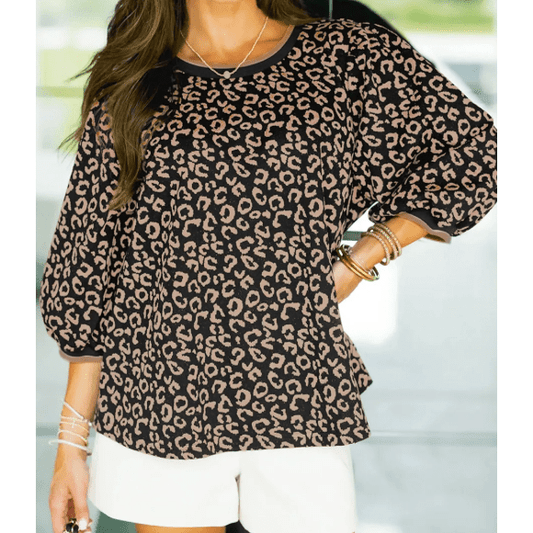 Elizabeth Black Leopard Print Puffy Bracelet Sleeve Contrast Trim Round Neck Top