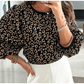 Elizabeth Black Leopard Print Puffy Bracelet Sleeve Contrast Trim Round Neck Top