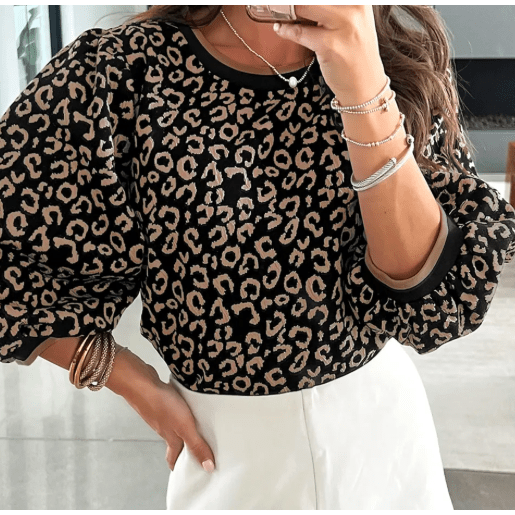 Elizabeth Black Leopard Print Puffy Bracelet Sleeve Contrast Trim Round Neck Top