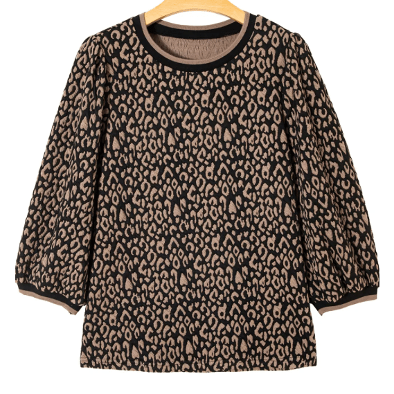 Elizabeth Black Leopard Print Puffy Bracelet Sleeve Contrast Trim Round Neck Top