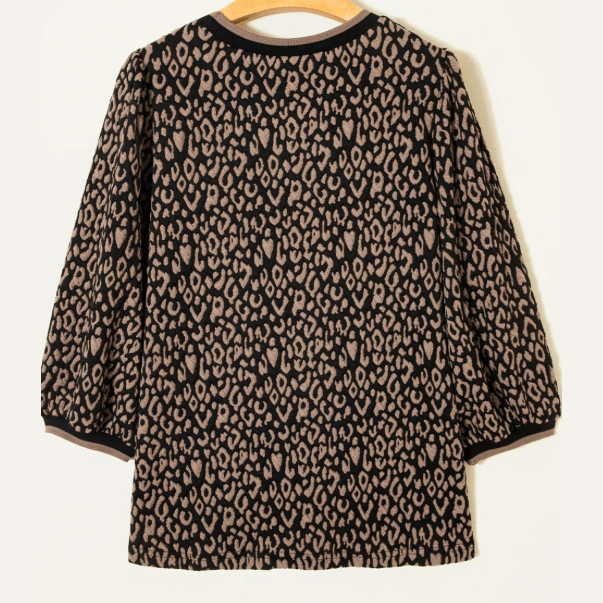 Elizabeth Black Leopard Print Puffy Bracelet Sleeve Contrast Trim Round Neck Top
