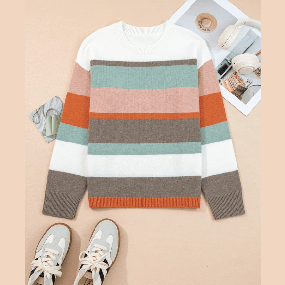 Fergie Striped Color Block Knit Drop Shoulder Sweater