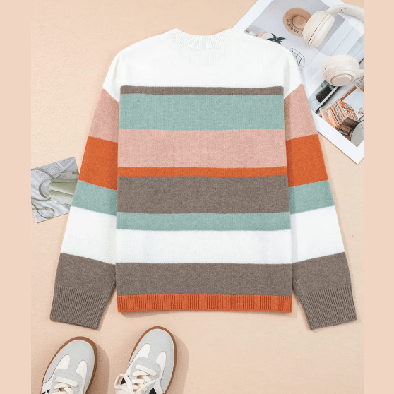 Fergie Striped Color Block Knit Drop Shoulder Sweater