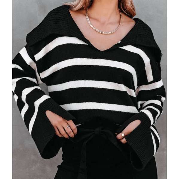 Berlina Black Caped V Neck Slit Sleeve Striped Sweater