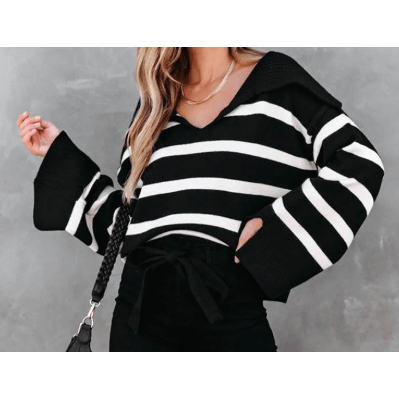 Berlina Black Caped V Neck Slit Sleeve Striped Sweater