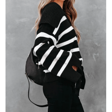 Berlina Black Caped V Neck Slit Sleeve Striped Sweater