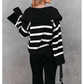 Berlina Black Caped V Neck Slit Sleeve Striped Sweater