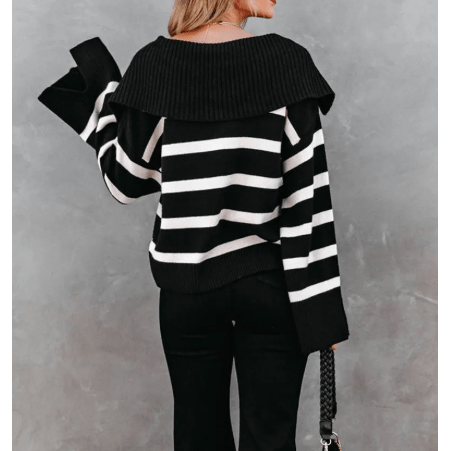 Berlina Black Caped V Neck Slit Sleeve Striped Sweater
