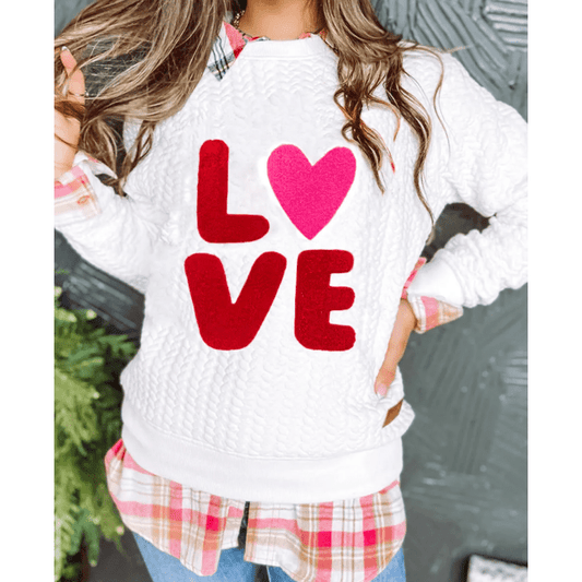 White LOVE Chenille Embroidered Cable Knit Pullover Sweatshirt