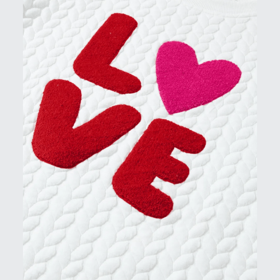 White LOVE Chenille Embroidered Cable Knit Pullover Sweatshirt