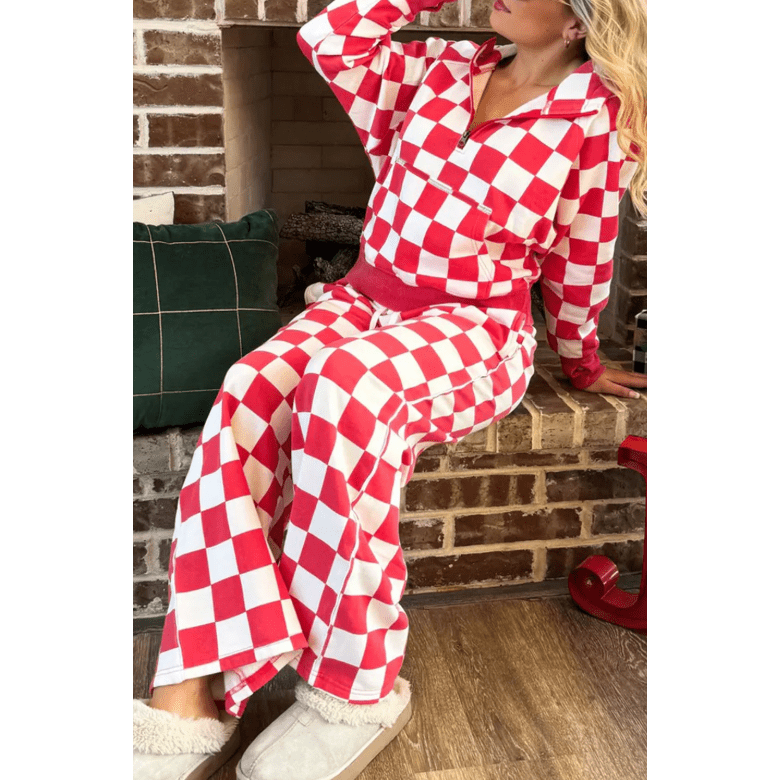 Chantilly Red Checkered Print Half Zip Hoodie Loose Pant Set