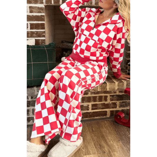 Chantilly Red Checkered Print Half Zip Hoodie Loose Pant Set