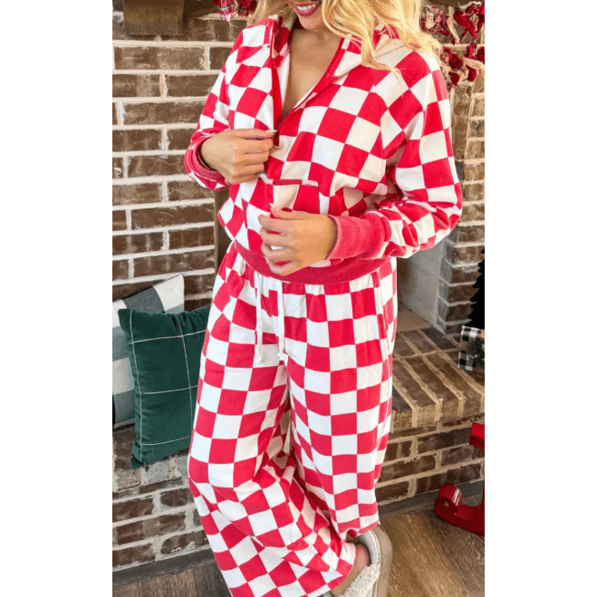 Chantilly Red Checkered Print Half Zip Hoodie Loose Pant Set