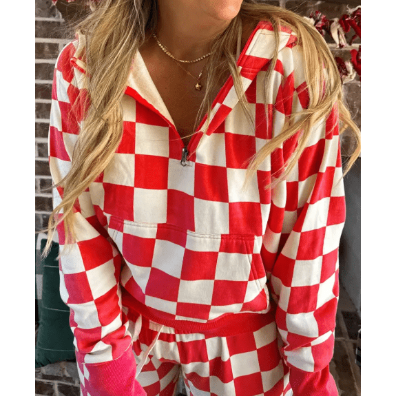 Chantilly Red Checkered Print Half Zip Hoodie Loose Pant Set