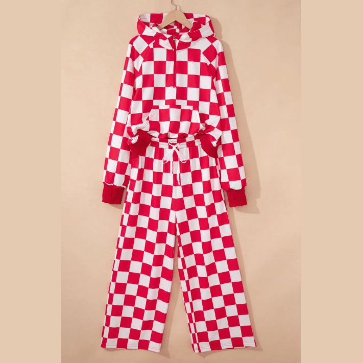 Chantilly Red Checkered Print Half Zip Hoodie Loose Pant Set
