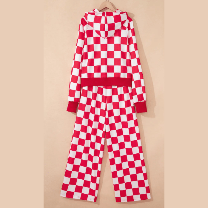 Chantilly Red Checkered Print Half Zip Hoodie Loose Pant Set