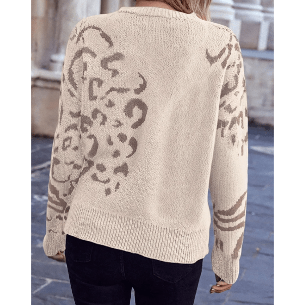 Gilda Beige Asymmetric Leopard Print Detail Drop Shoulder Sweater