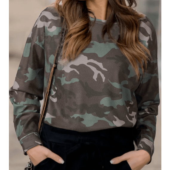 Jacinta Green Camouflage Print Textured Drop Shoulder Long Sleeve Top
