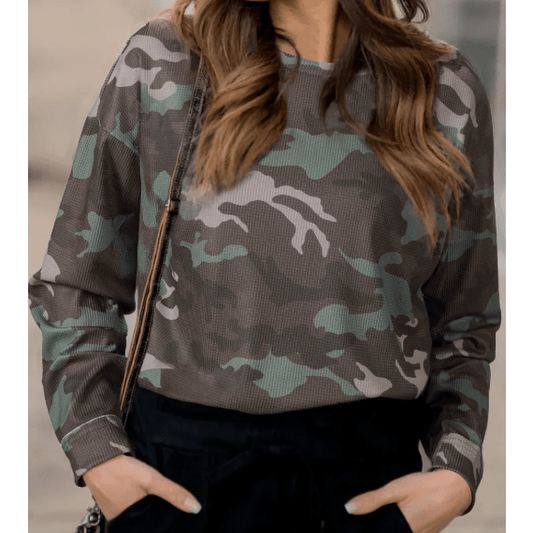 Jacinta Green Camouflage Print Textured Drop Shoulder Long Sleeve Top