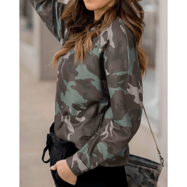 Jacinta Green Camouflage Print Textured Drop Shoulder Long Sleeve Top