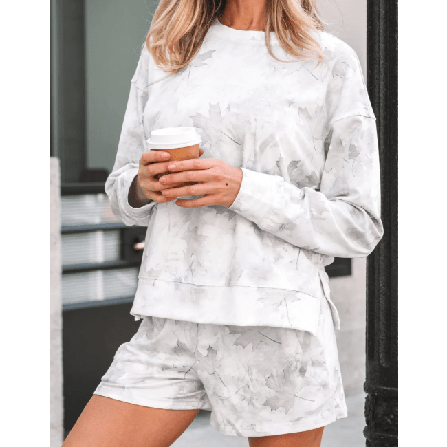 Lisa Maple Camo Print Pullover Top and Elastic Waist Casual Short Set