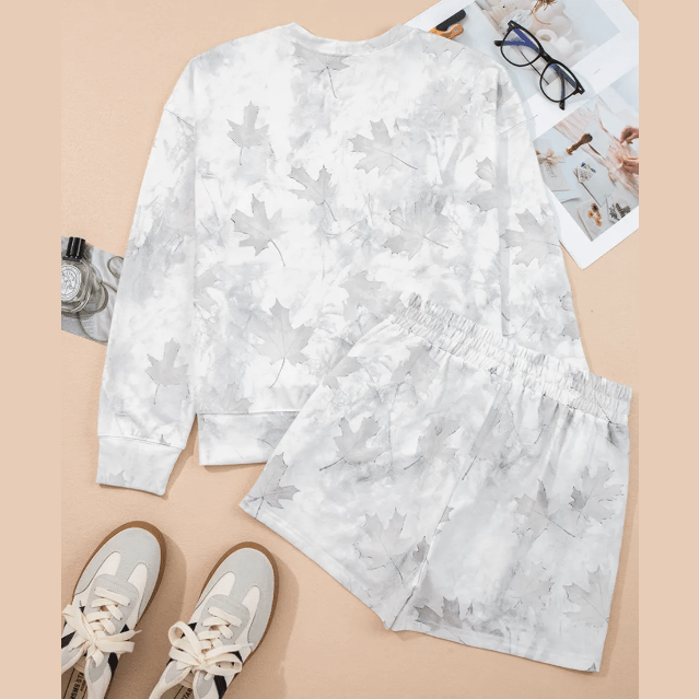 Lisa Maple Camo Print Pullover Top and Elastic Waist Casual Short Set