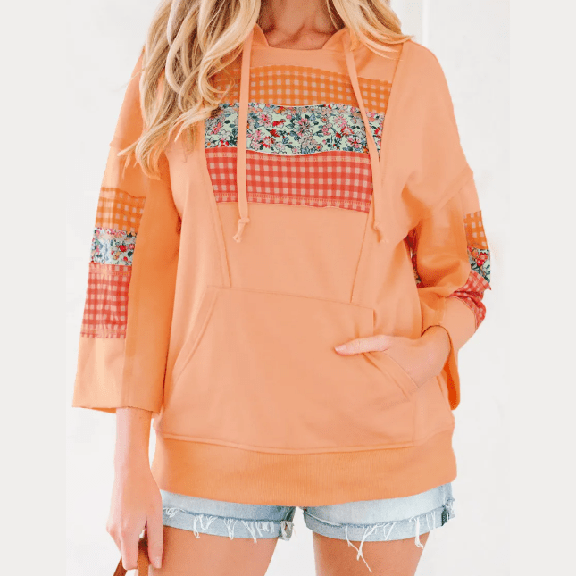 Mendy Grapefruit Orange Plaid Floral Patchwork Kangaroo Pocket Hooded Long Sleeve Top
