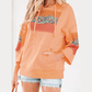 Mendy Grapefruit Orange Plaid Floral Patchwork Kangaroo Pocket Hooded Long Sleeve Top