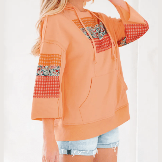 Mendy Grapefruit Orange Plaid Floral Patchwork Kangaroo Pocket Hooded Long Sleeve Top