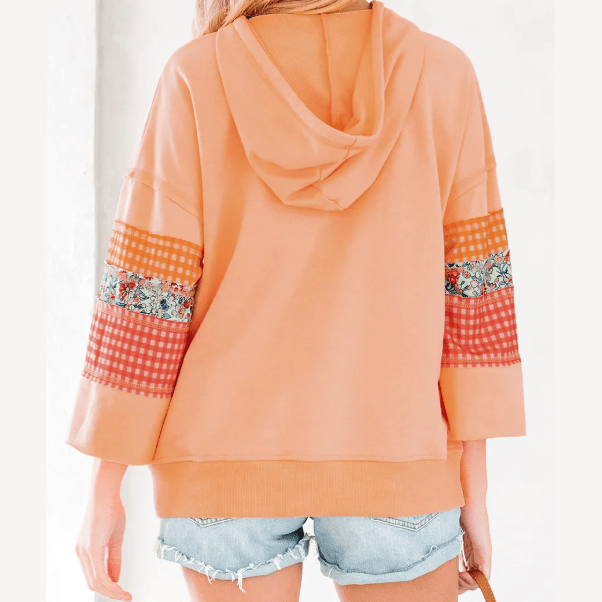 Mendy Grapefruit Orange Plaid Floral Patchwork Kangaroo Pocket Hooded Long Sleeve Top