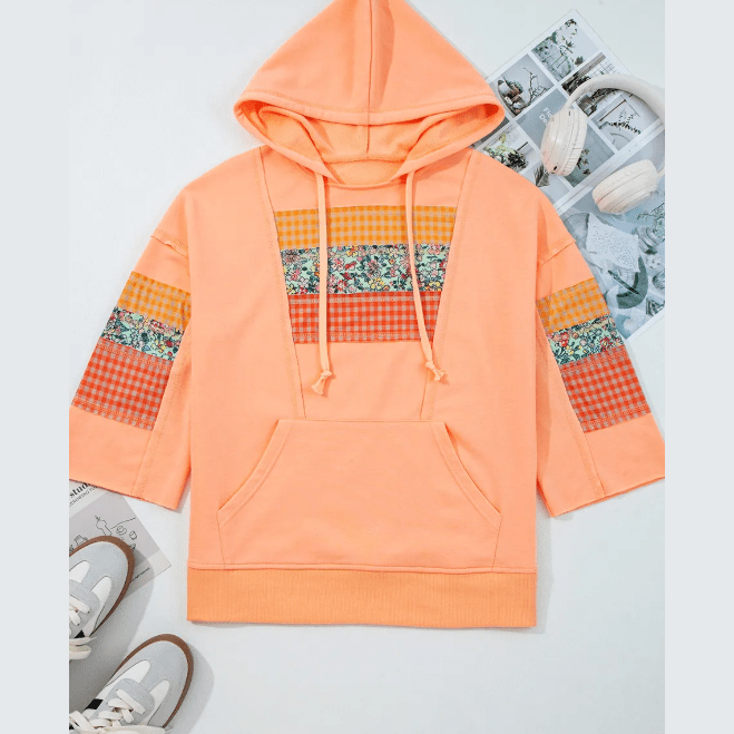 Mendy Grapefruit Orange Plaid Floral Patchwork Kangaroo Pocket Hooded Long Sleeve Top