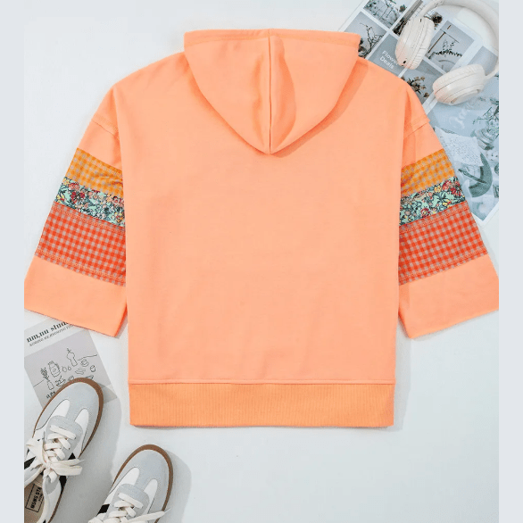 Mendy Grapefruit Orange Plaid Floral Patchwork Kangaroo Pocket Hooded Long Sleeve Top