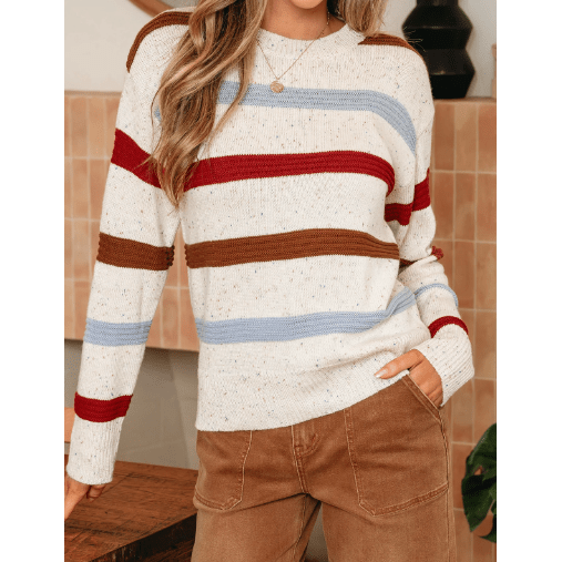 Bethi Beige Stripe Exposed Seam Drop Shoulder Heathered Knit Sweater