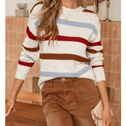 Bethi Beige Stripe Exposed Seam Drop Shoulder Heathered Knit Sweater