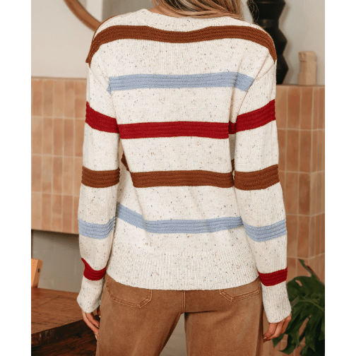 Bethi Beige Stripe Exposed Seam Drop Shoulder Heathered Knit Sweater
