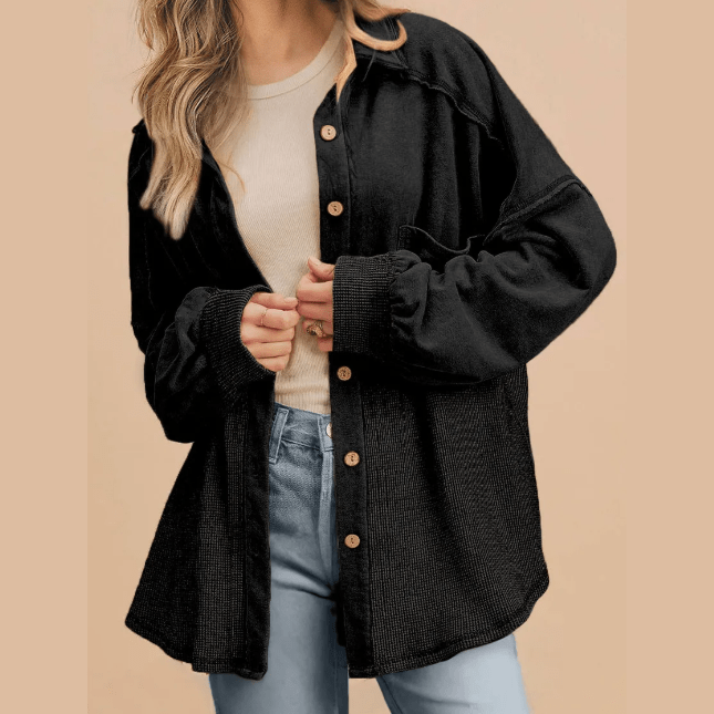 Delilah Black Waffle Knit Patchwork Exposed Seam Loose Shacket
