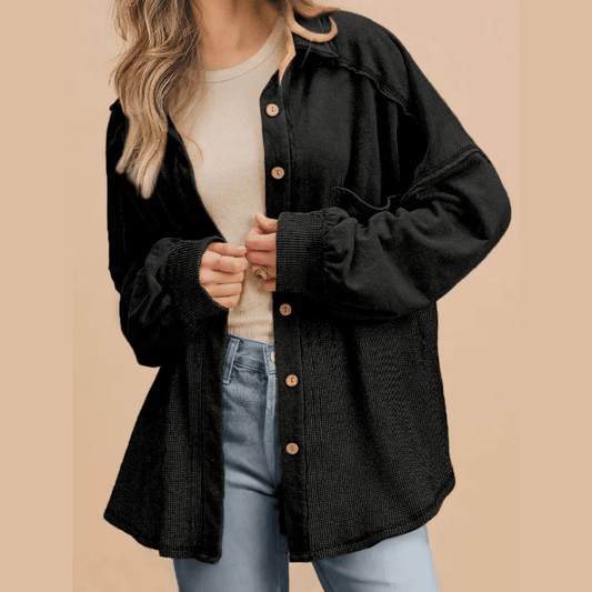 Delilah Black Waffle Knit Patchwork Exposed Seam Loose Shacket